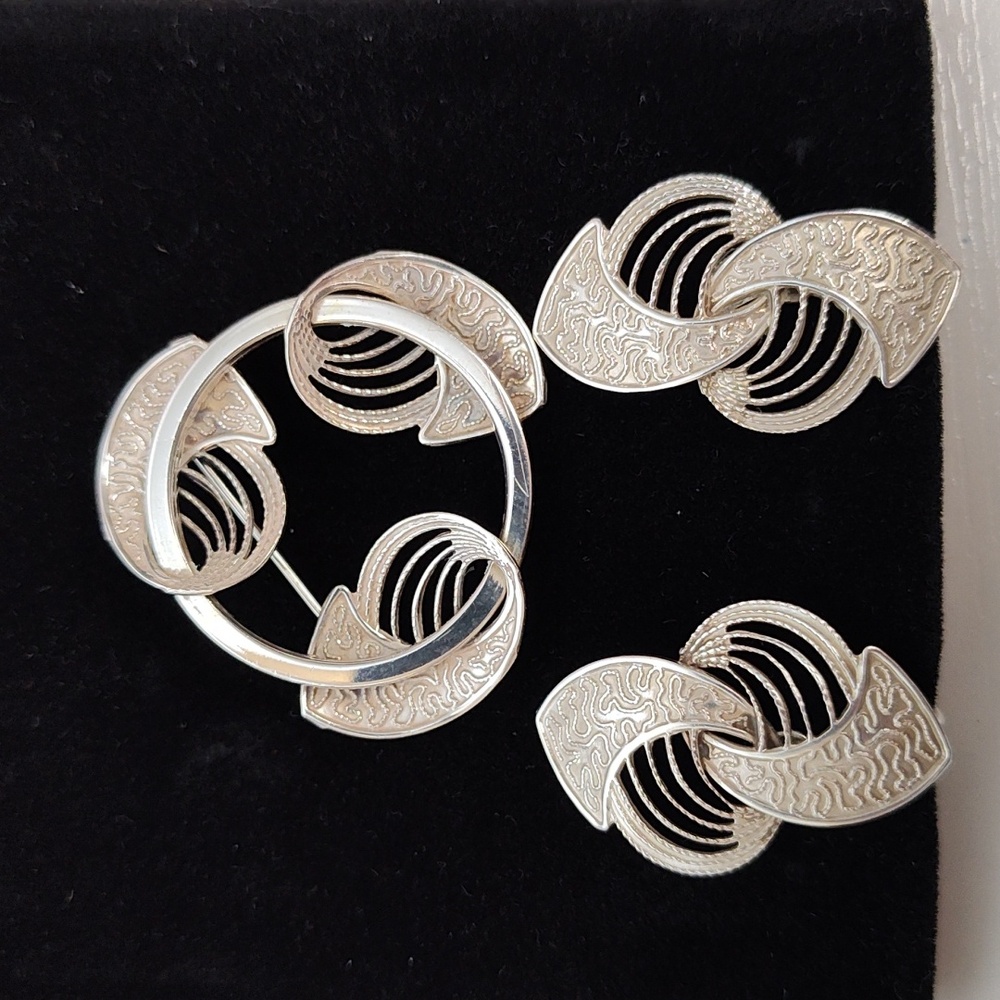 Vintage Beau Sterling Set Circle Swirl Brooch Pin & Matching Screw back Earrings